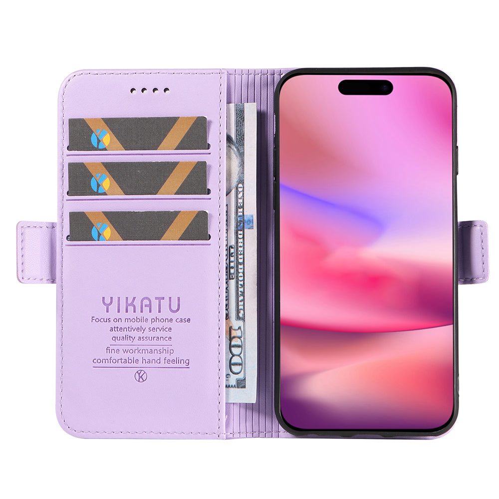 YIKATU YK-003 For iPhone 16 Case Leather Wallet Phone Cover with Side Magnetic Clasp - Light Purple