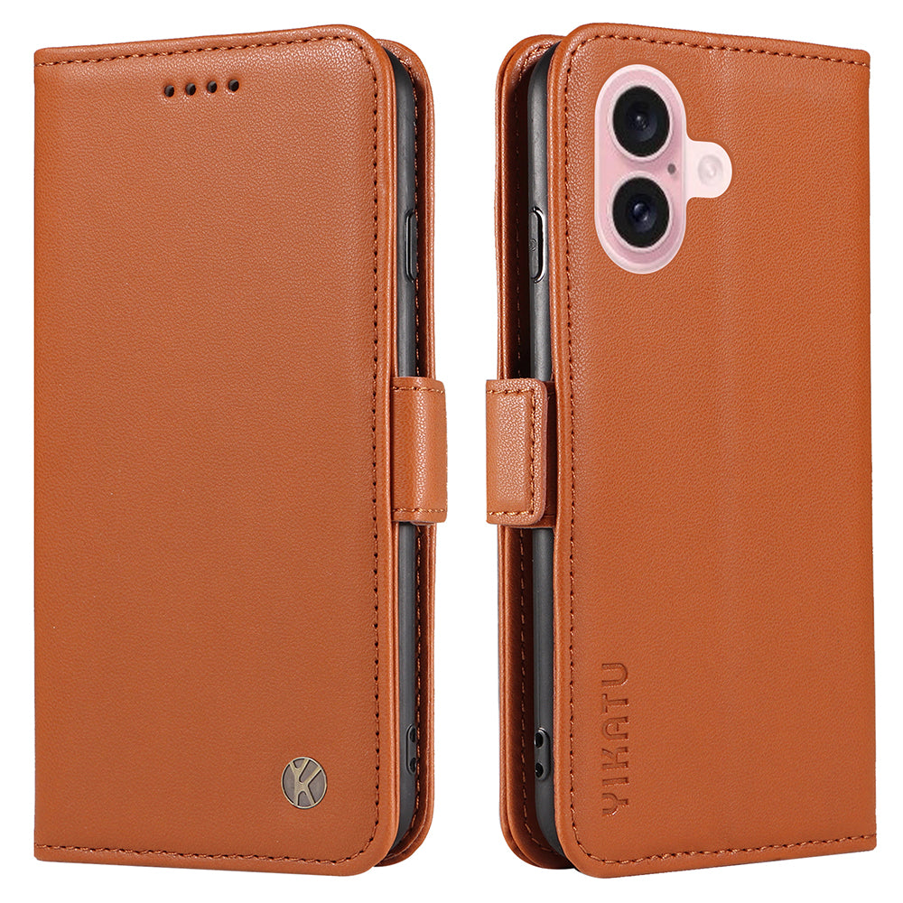 YIKATU YK-003 For iPhone 16 Case Leather Wallet Phone Cover with Side Magnetic Clasp - Brown