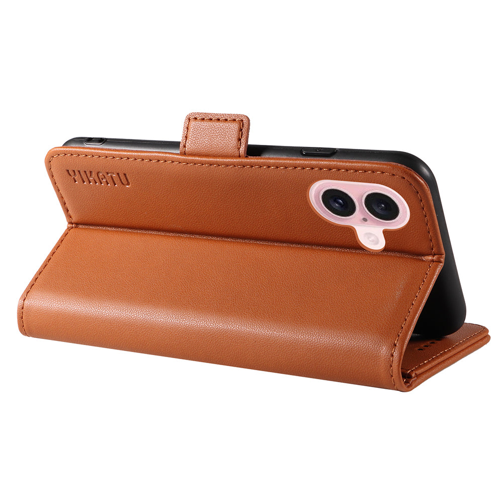 YIKATU YK-003 For iPhone 16 Case Leather Wallet Phone Cover with Side Magnetic Clasp - Brown