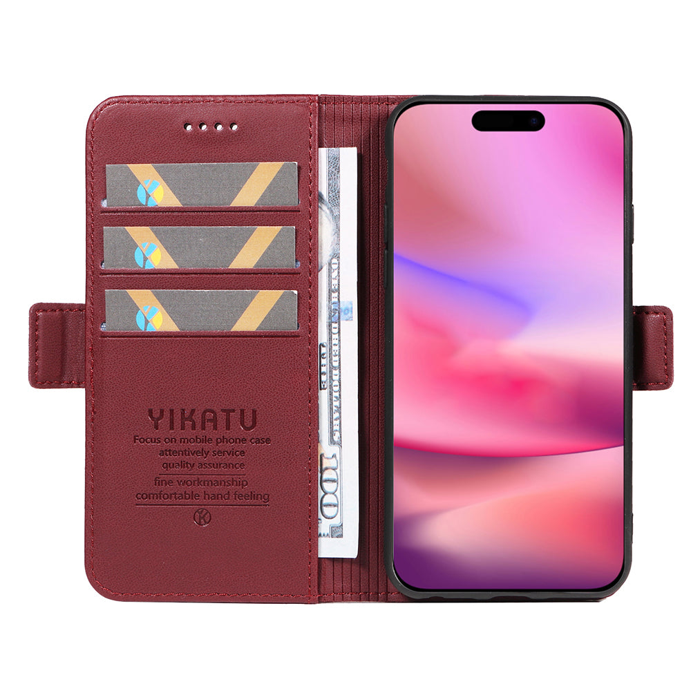 YIKATU YK-003 For iPhone 16 Case Leather Wallet Phone Cover with Side Magnetic Clasp - Wine Red