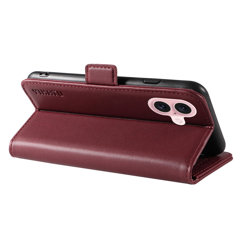 YIKATU YK-003 For iPhone 16 Case Leather Wallet Phone Cover with Side Magnetic Clasp - Wine Red