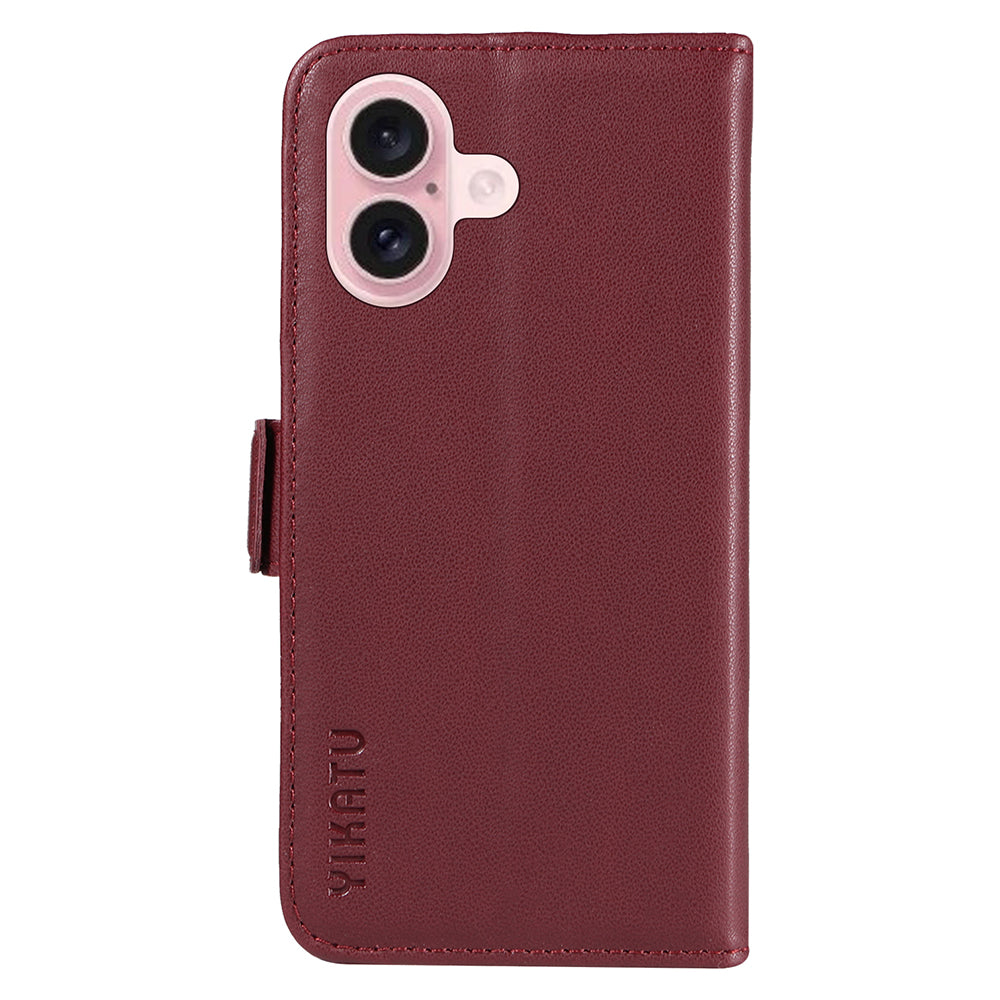 YIKATU YK-003 For iPhone 16 Case Leather Wallet Phone Cover with Side Magnetic Clasp - Wine Red