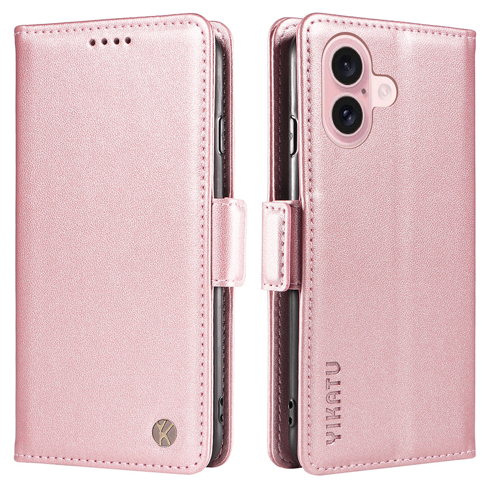 YIKATU YK-003 For iPhone 16 Case Leather Wallet Phone Cover with Side Magnetic Clasp - Rose Gold