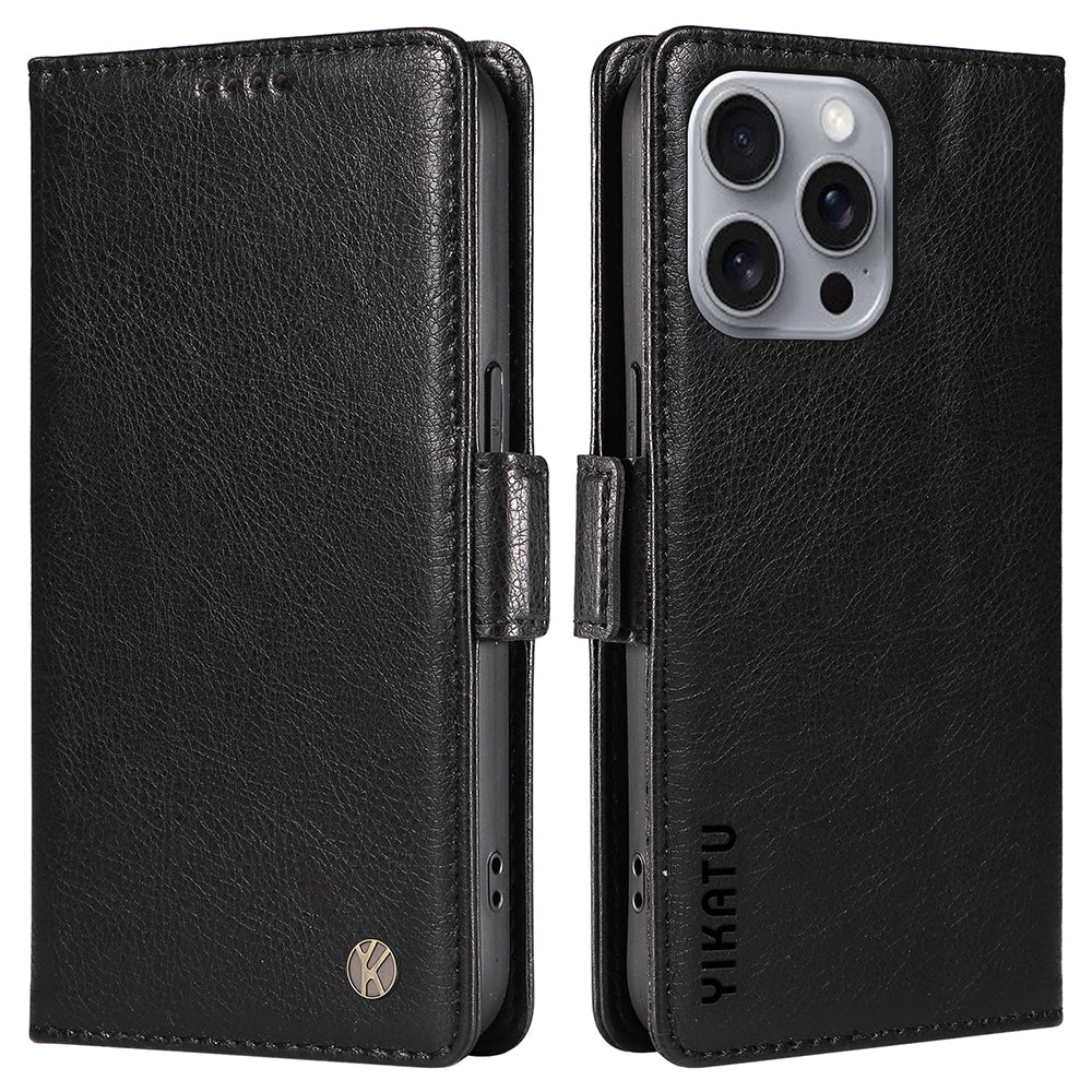 YIKATU YK-007 For iPhone 16 Pro Max Case Litchi Texture Leather Phone Cover with Wallet Stand - Black