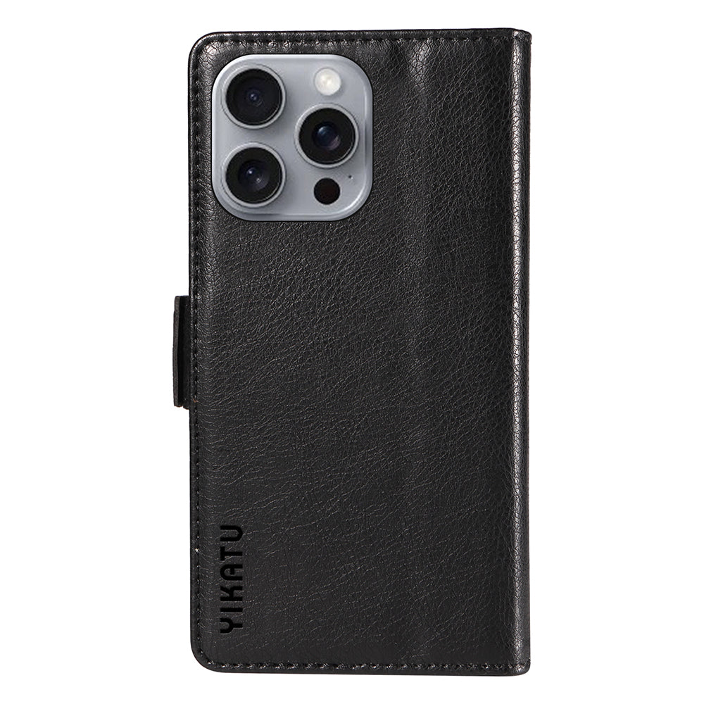 YIKATU YK-007 For iPhone 16 Pro Max Case Litchi Texture Leather Phone Cover with Wallet Stand - Black