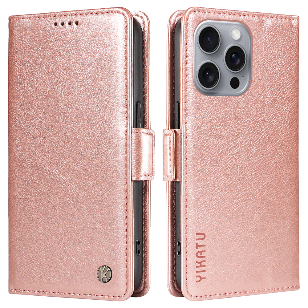 YIKATU YK-007 For iPhone 16 Pro Max Case Litchi Texture Leather Phone Cover with Wallet Stand - Rose Gold