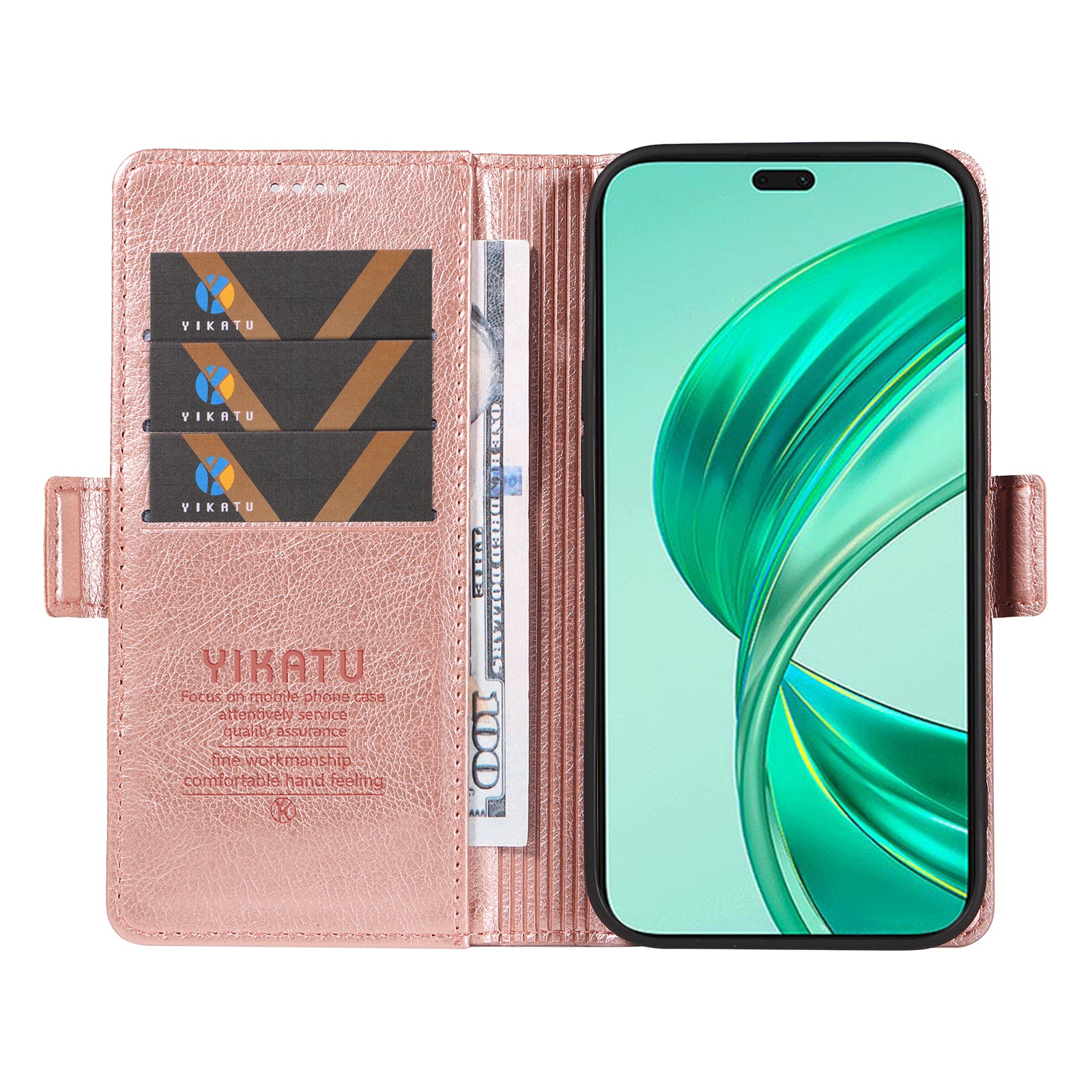 YIKATU YK-007 For iPhone 16 Pro Max Case Litchi Texture Leather Phone Cover with Wallet Stand - Rose Gold