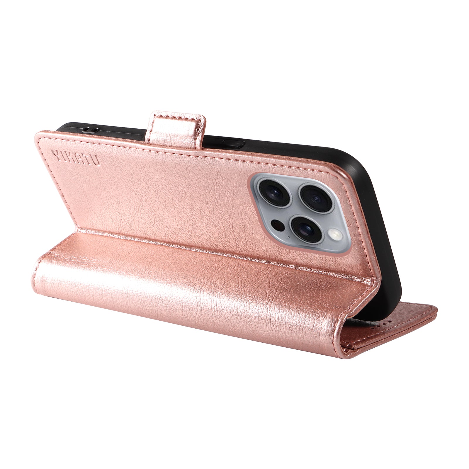 YIKATU YK-007 For iPhone 16 Pro Max Case Litchi Texture Leather Phone Cover with Wallet Stand - Rose Gold