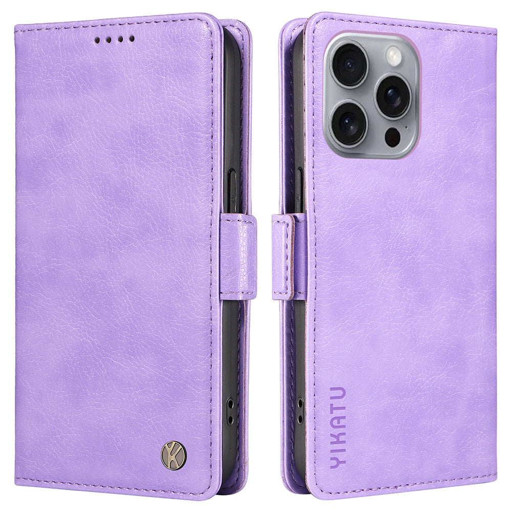 YIKATU YK-007 For iPhone 16 Pro Max Case Litchi Texture Leather Phone Cover with Wallet Stand - Purple