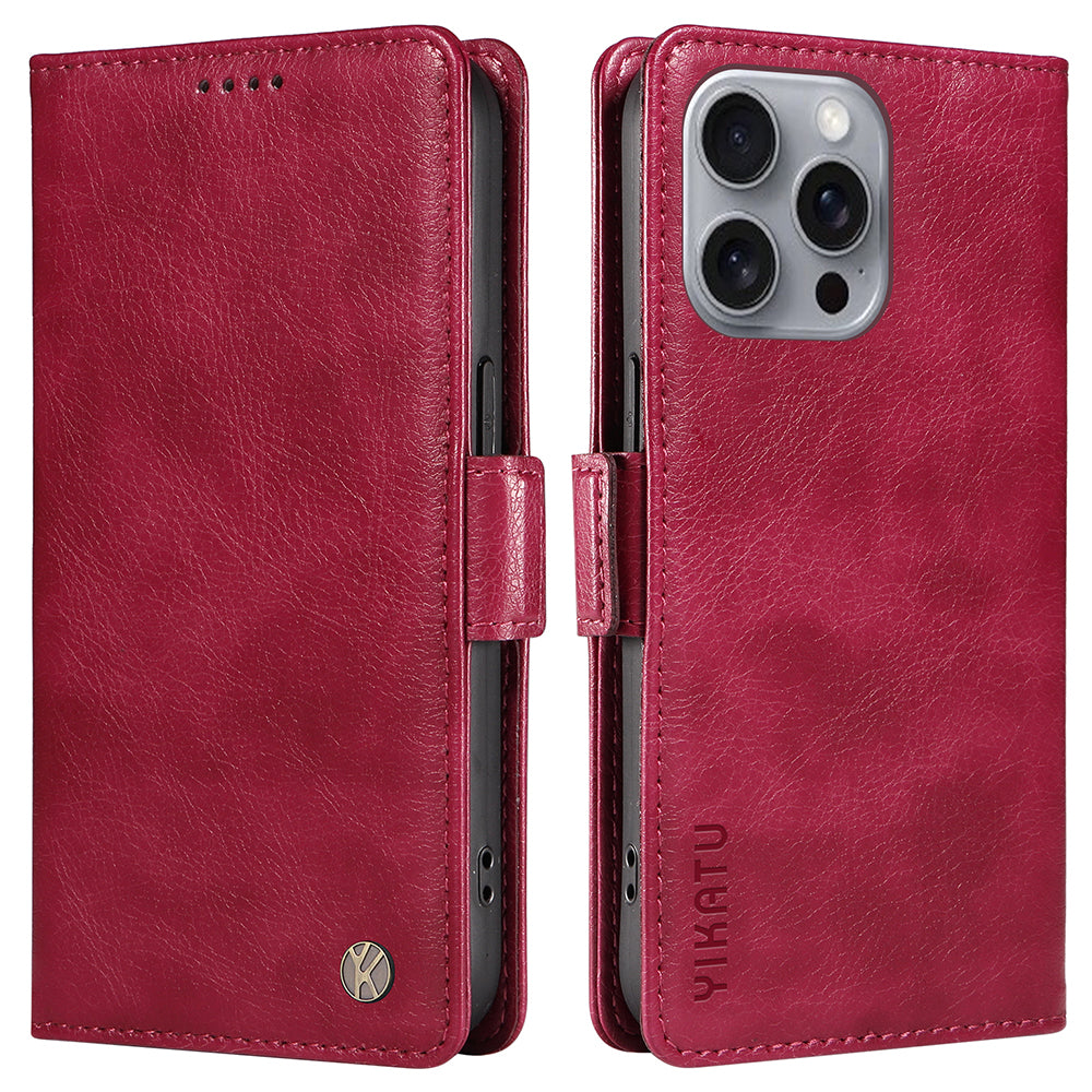 YIKATU YK-007 For iPhone 16 Pro Max Case Litchi Texture Leather Phone Cover with Wallet Stand - Wine Red