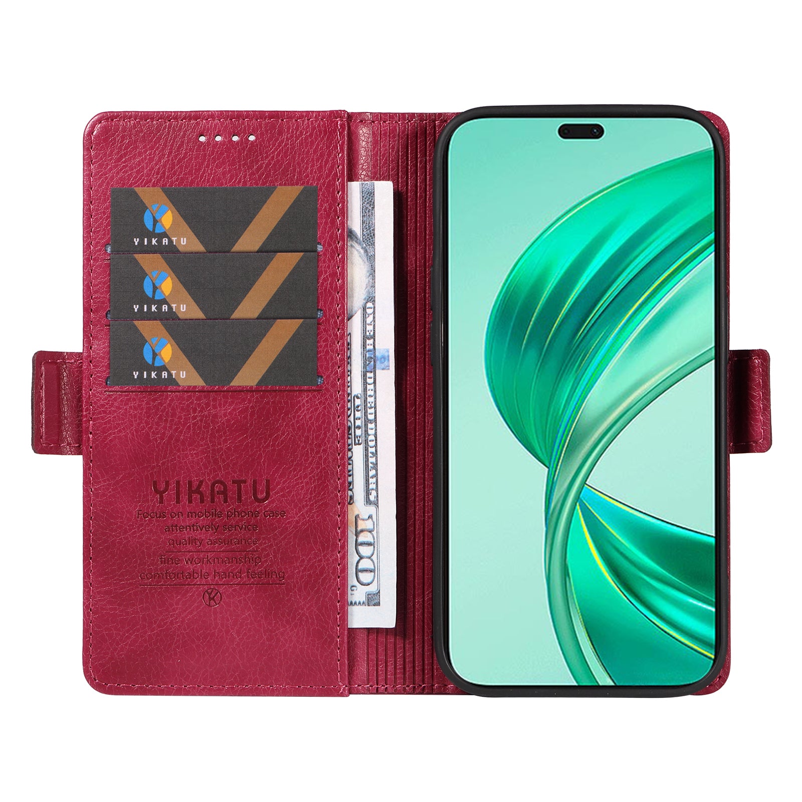 YIKATU YK-007 For iPhone 16 Pro Max Case Litchi Texture Leather Phone Cover with Wallet Stand - Wine Red