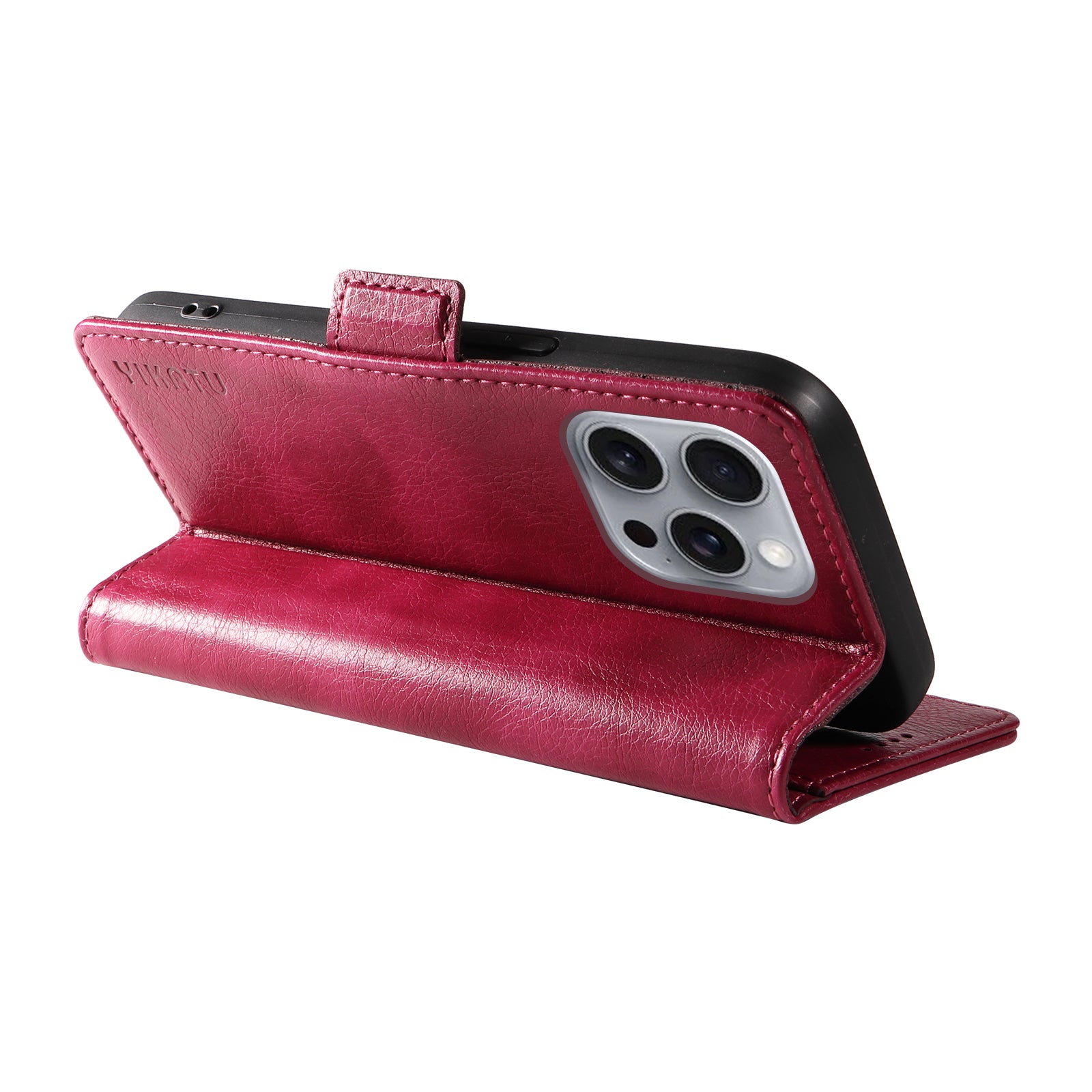 YIKATU YK-007 For iPhone 16 Pro Max Case Litchi Texture Leather Phone Cover with Wallet Stand - Wine Red