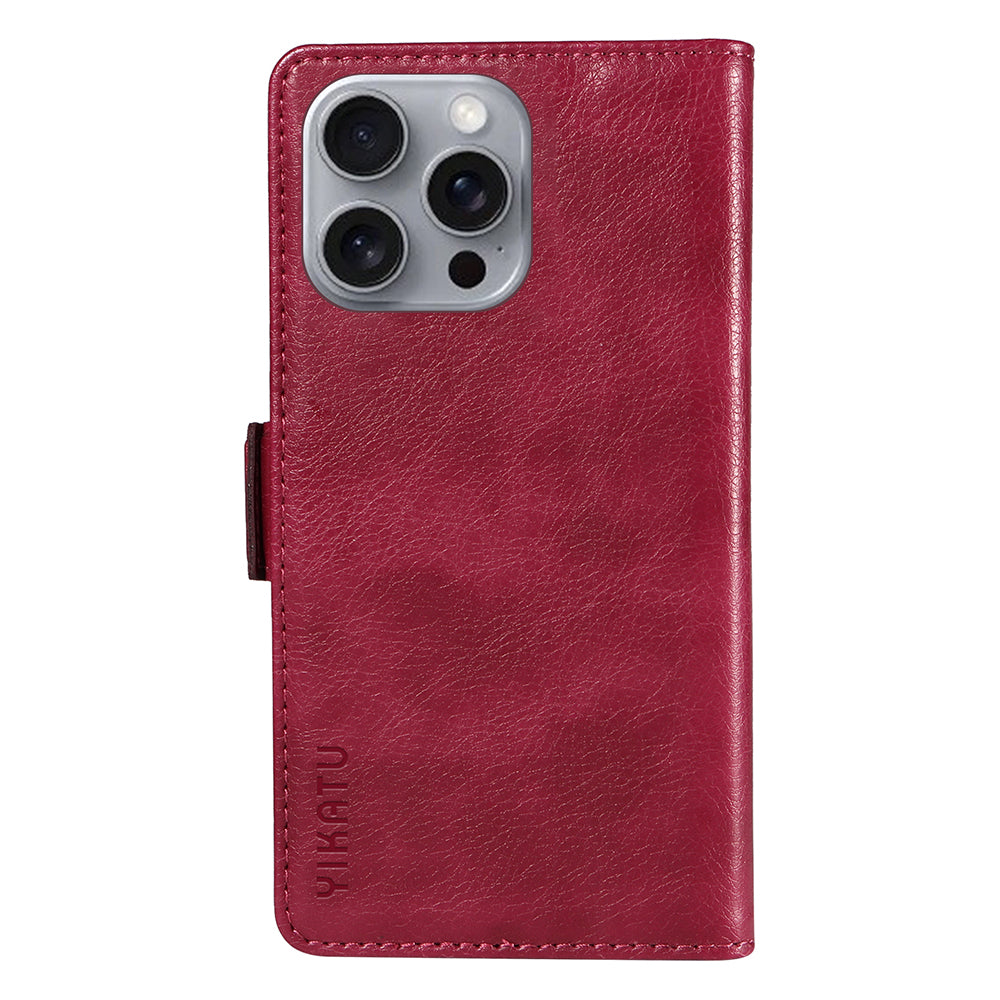 YIKATU YK-007 For iPhone 16 Pro Max Case Litchi Texture Leather Phone Cover with Wallet Stand - Wine Red