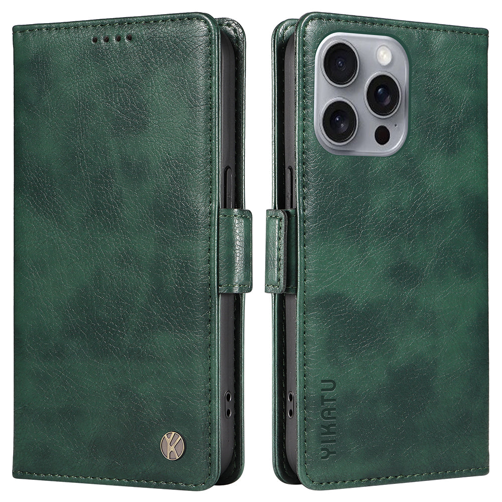 YIKATU YK-007 For iPhone 16 Pro Max Case Litchi Texture Leather Phone Cover with Wallet Stand - Green