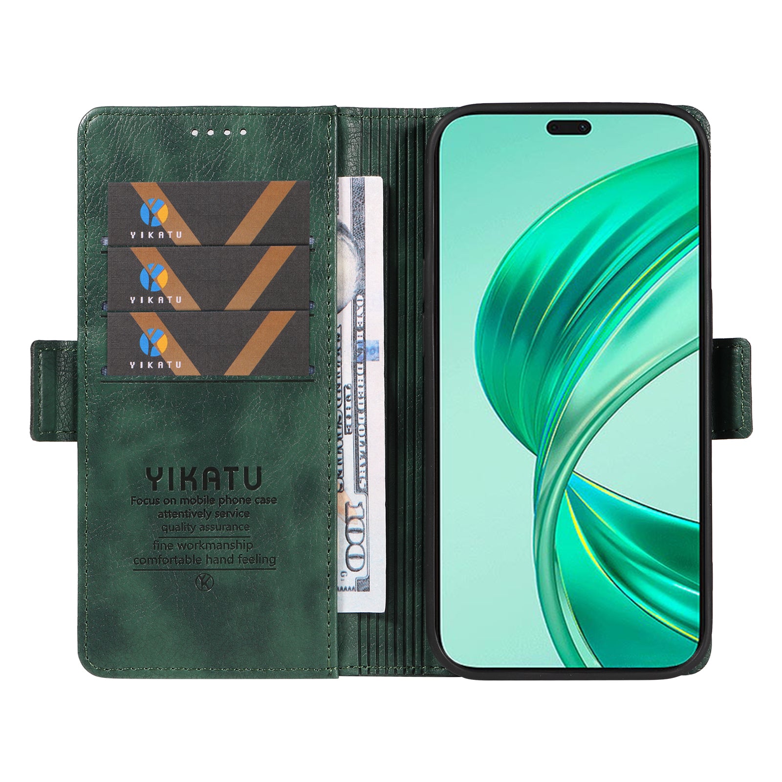 YIKATU YK-007 For iPhone 16 Pro Max Case Litchi Texture Leather Phone Cover with Wallet Stand - Green