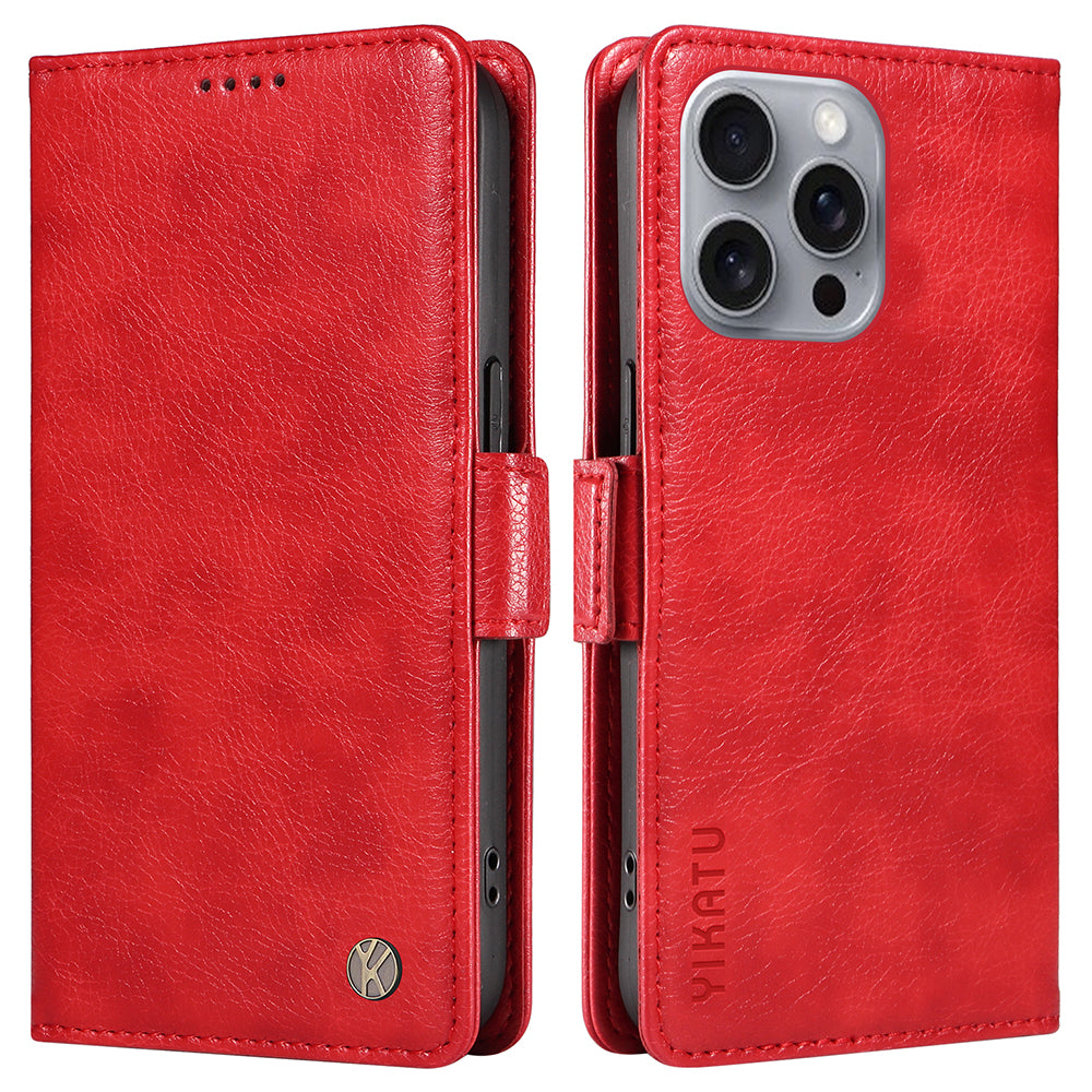 YIKATU YK-007 For iPhone 16 Pro Max Case Litchi Texture Leather Phone Cover with Wallet Stand - Red