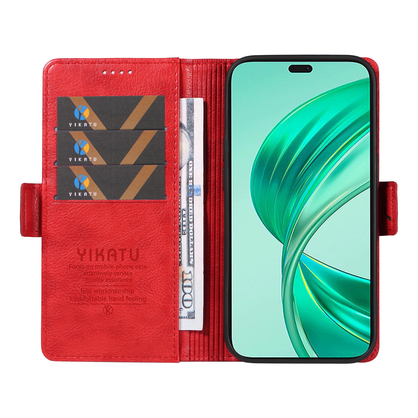 YIKATU YK-007 For iPhone 16 Pro Max Case Litchi Texture Leather Phone Cover with Wallet Stand - Red