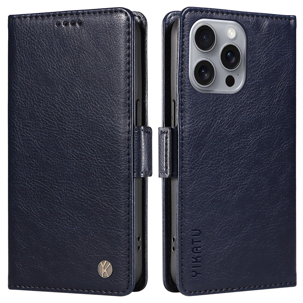 YIKATU YK-007 For iPhone 16 Pro Max Case Litchi Texture Leather Phone Cover with Wallet Stand - Navy Blue