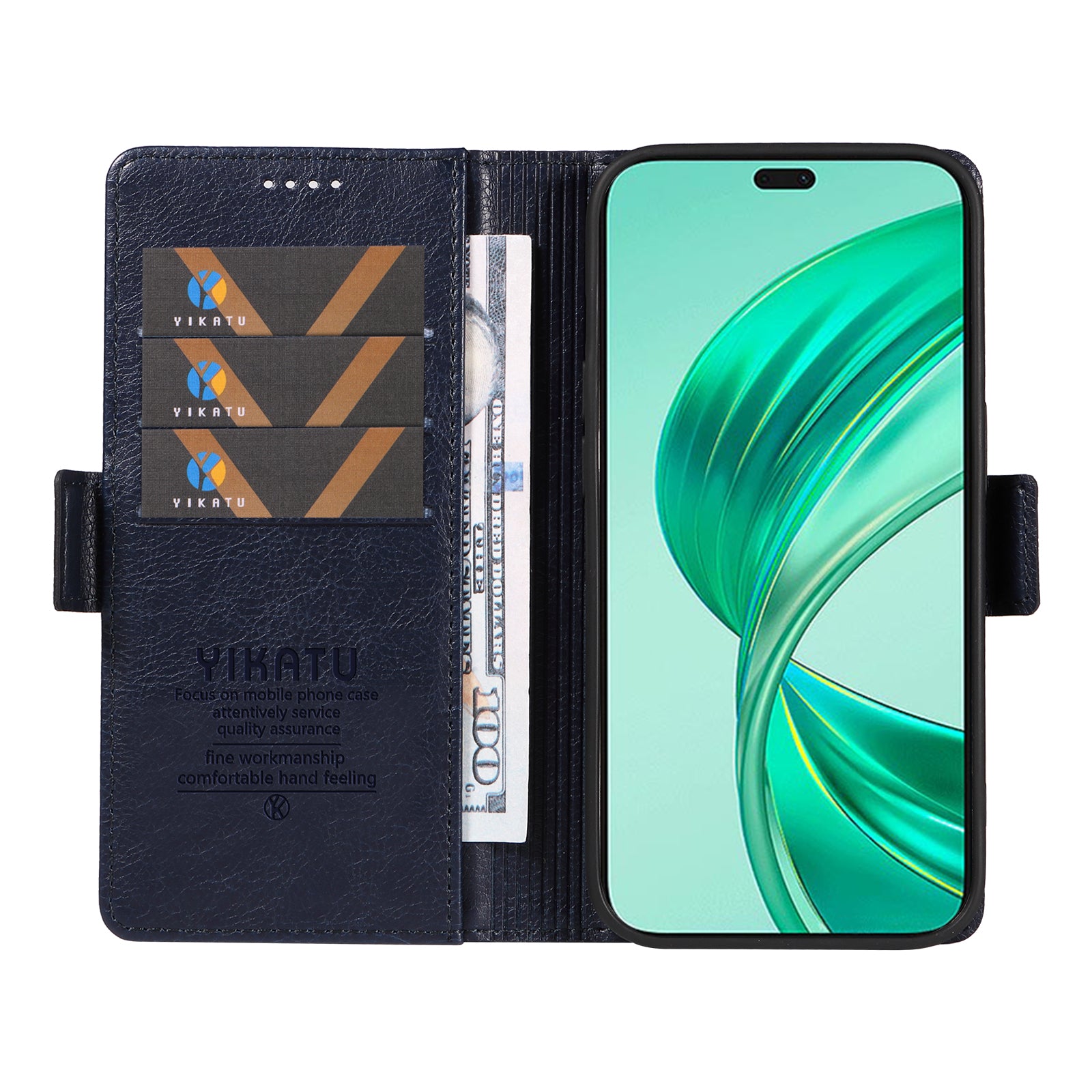 YIKATU YK-007 For iPhone 16 Pro Max Case Litchi Texture Leather Phone Cover with Wallet Stand - Navy Blue