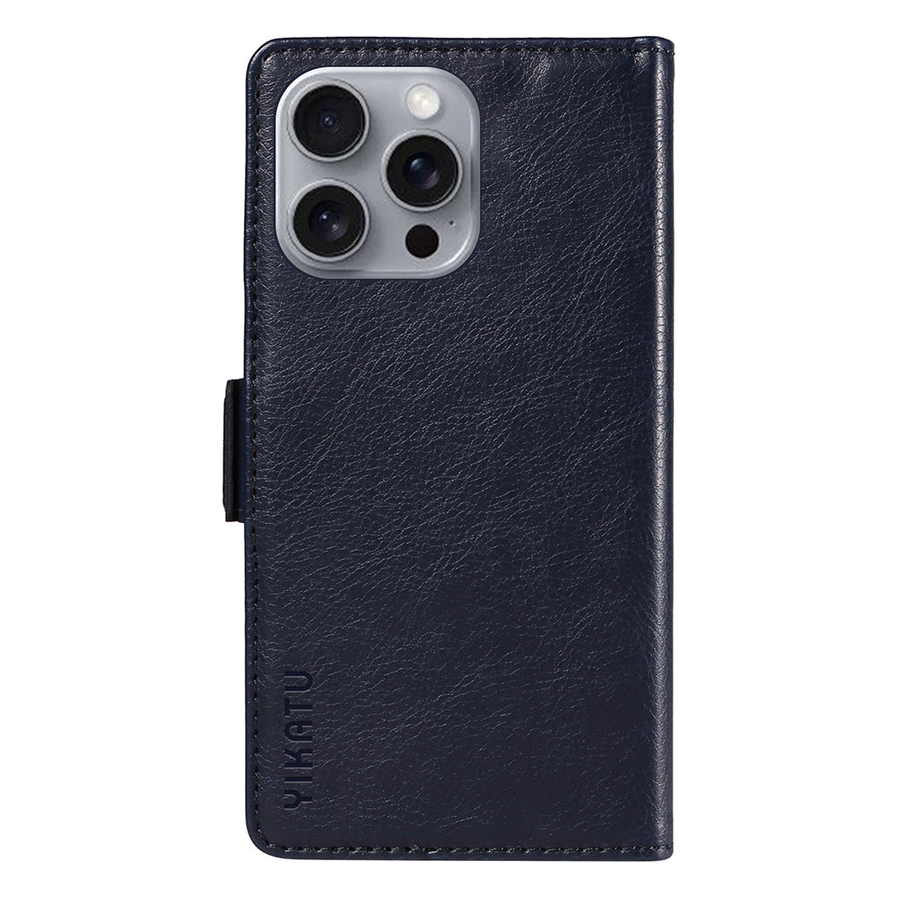 YIKATU YK-007 For iPhone 16 Pro Max Case Litchi Texture Leather Phone Cover with Wallet Stand - Navy Blue