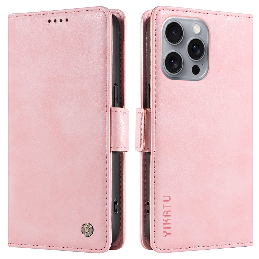 YIKATU YK-007 For iPhone 16 Pro Max Case Litchi Texture Leather Phone Cover with Wallet Stand - Pink