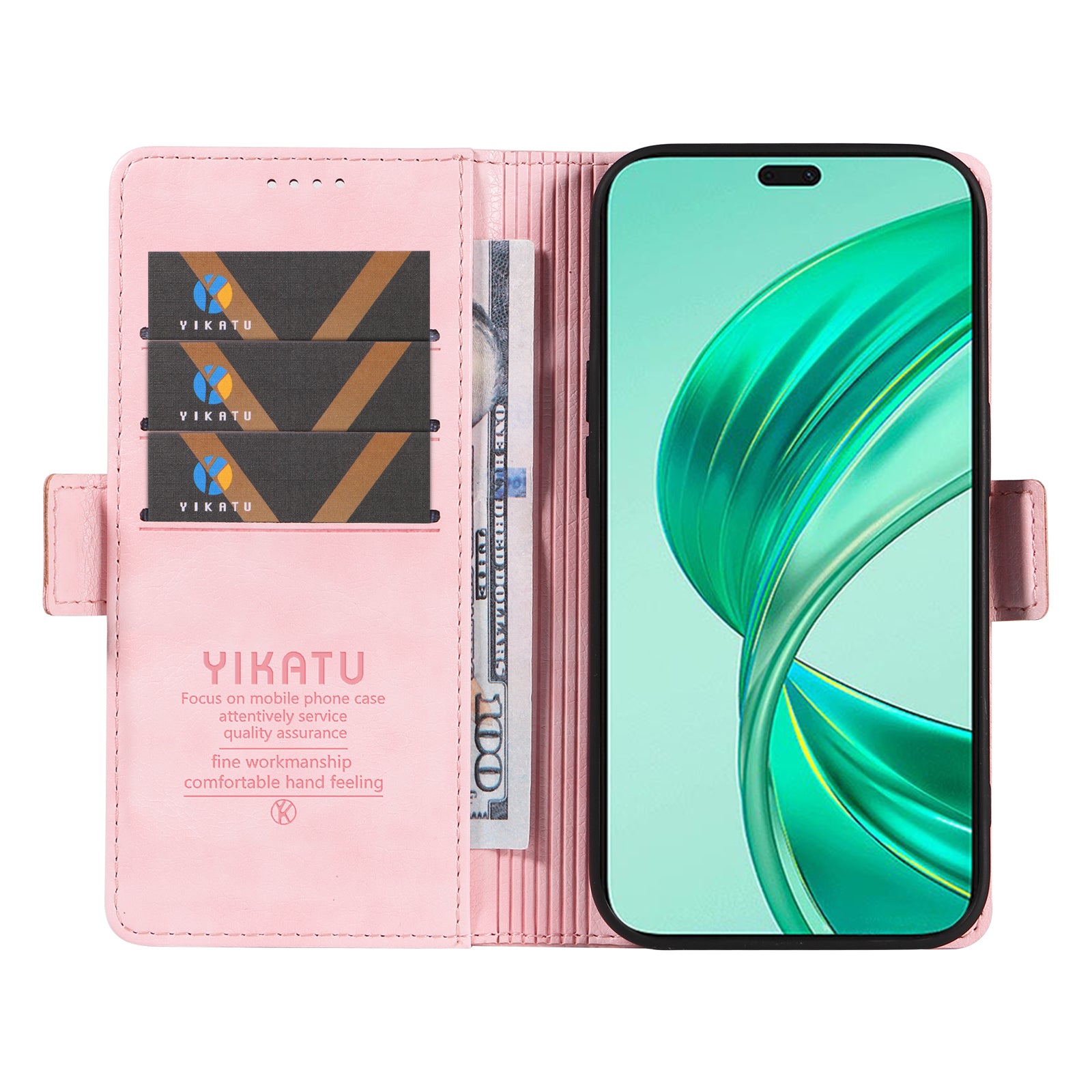 YIKATU YK-007 For iPhone 16 Pro Max Case Litchi Texture Leather Phone Cover with Wallet Stand - Pink