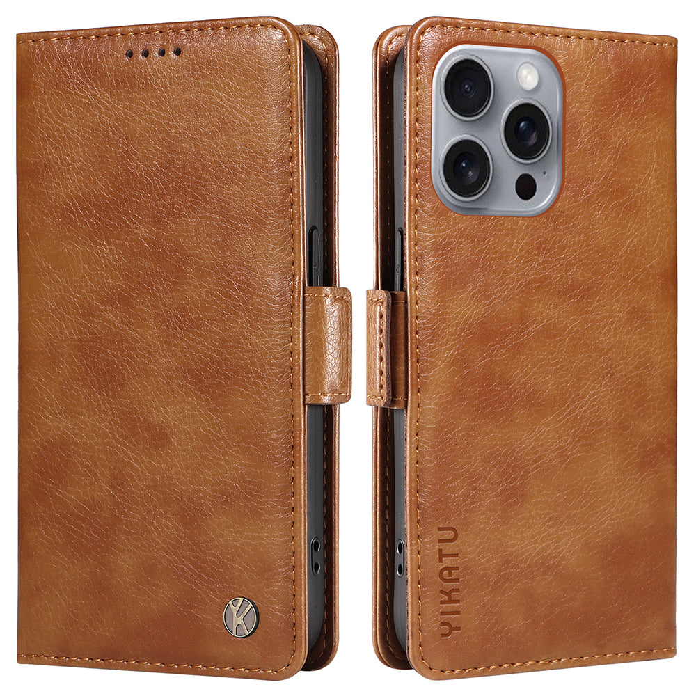 YIKATU YK-007 For iPhone 16 Pro Max Case Litchi Texture Leather Phone Cover with Wallet Stand - Brown