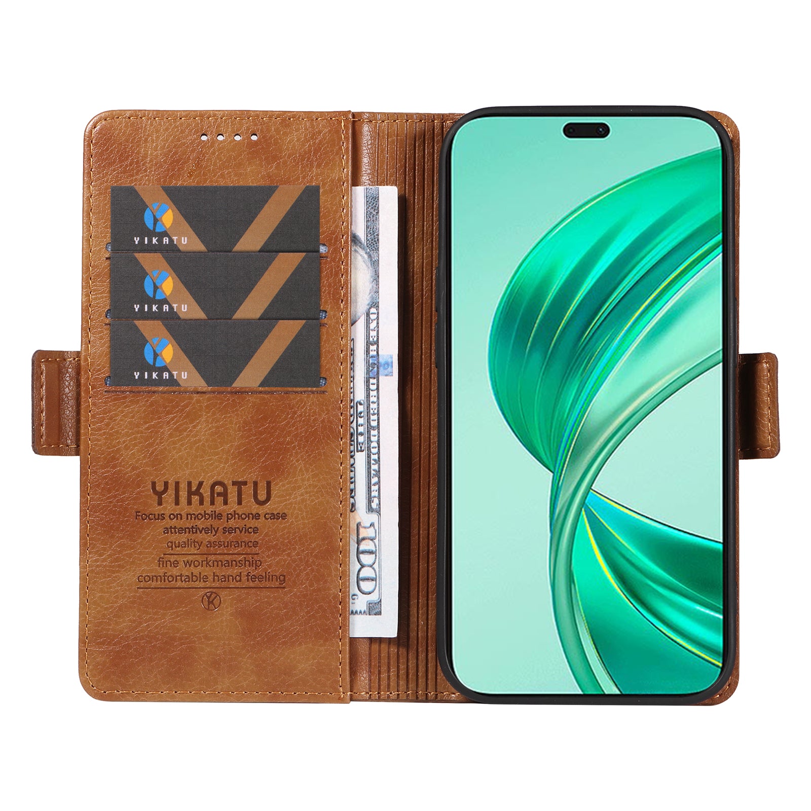 YIKATU YK-007 For iPhone 16 Pro Max Case Litchi Texture Leather Phone Cover with Wallet Stand - Brown