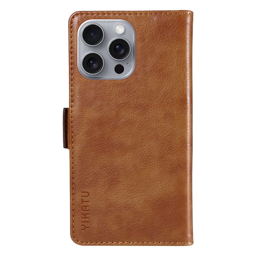 YIKATU YK-007 For iPhone 16 Pro Max Case Litchi Texture Leather Phone Cover with Wallet Stand - Brown