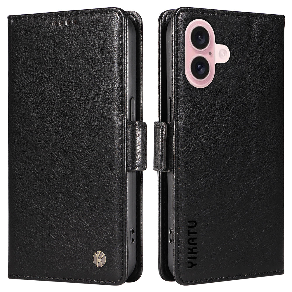 YIKATU YK-007 For iPhone 16 Case Litchi Texture Leather Phone Cover with Wallet Stand - Black