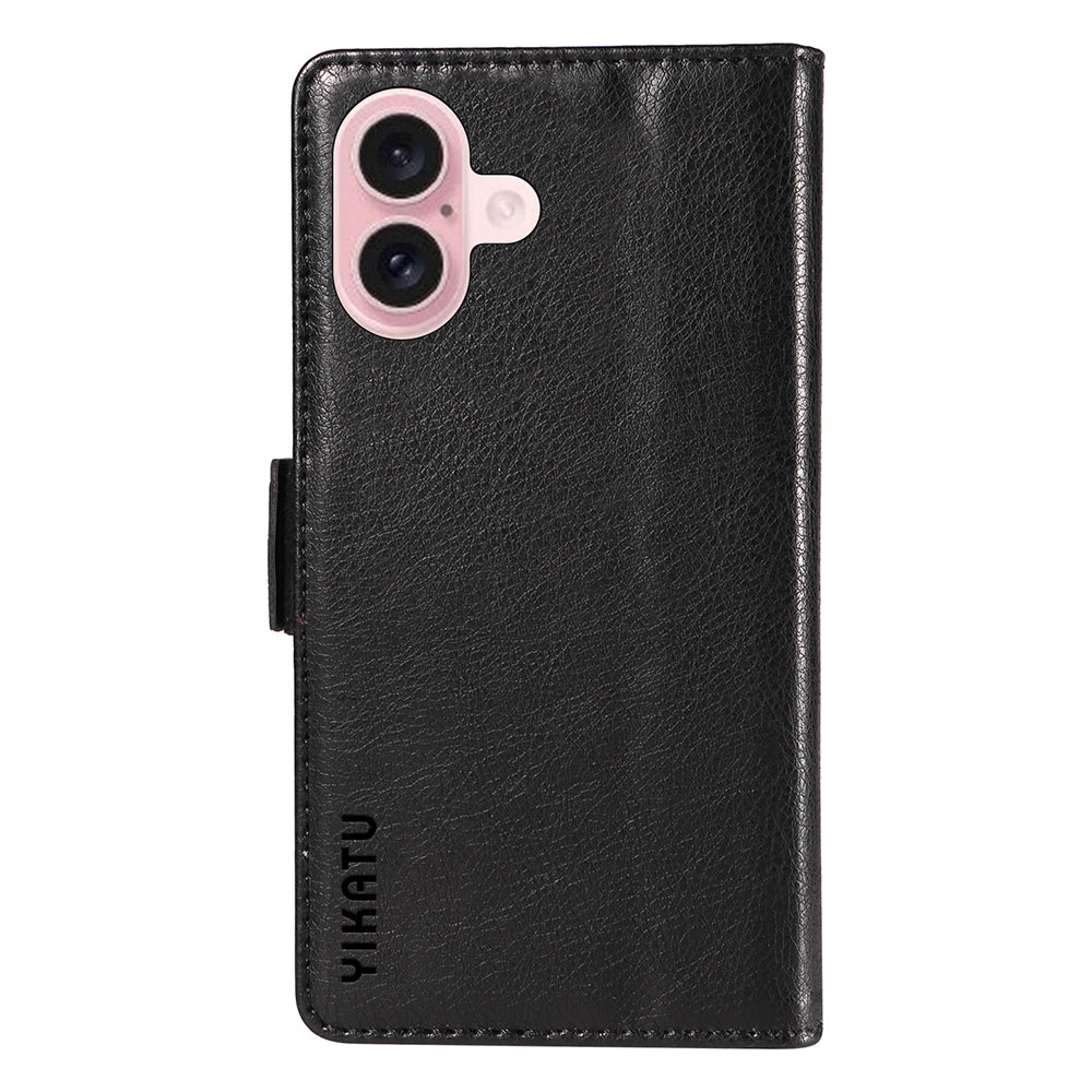 YIKATU YK-007 For iPhone 16 Case Litchi Texture Leather Phone Cover with Wallet Stand - Black