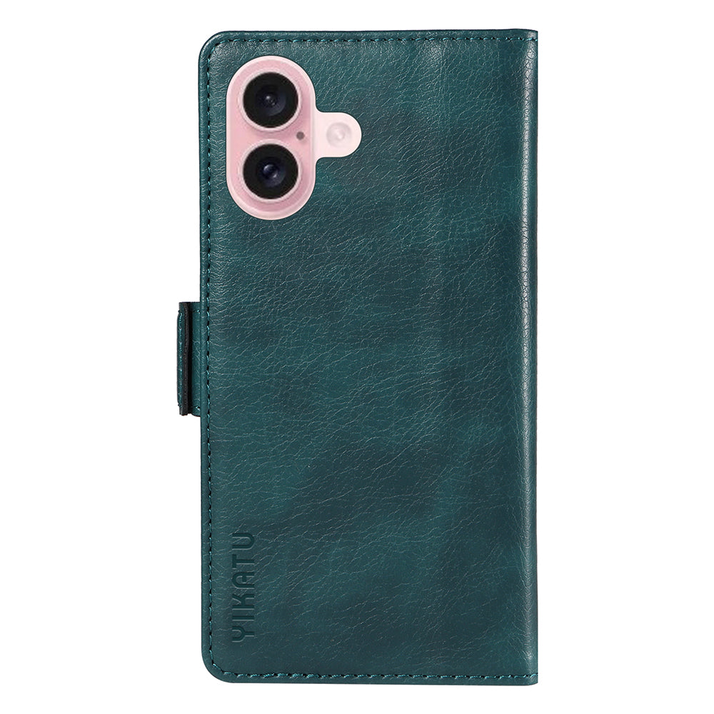 YIKATU YK-007 For iPhone 16 Case Litchi Texture Leather Phone Cover with Wallet Stand - Blue