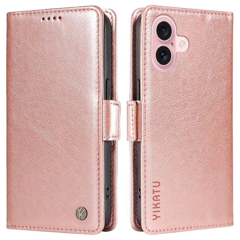 YIKATU YK-007 For iPhone 16 Case Litchi Texture Leather Phone Cover with Wallet Stand - Rose Gold