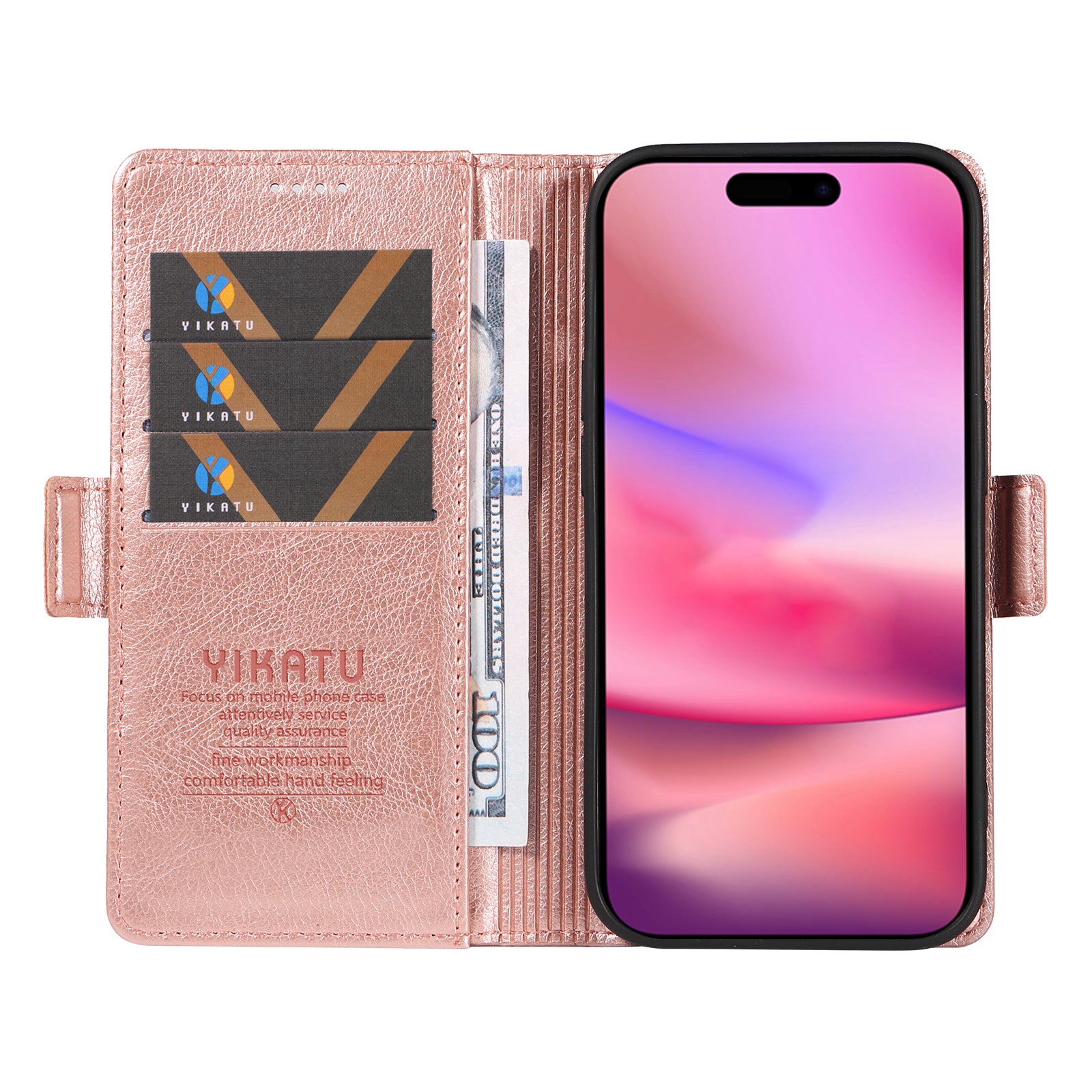 YIKATU YK-007 For iPhone 16 Case Litchi Texture Leather Phone Cover with Wallet Stand - Rose Gold