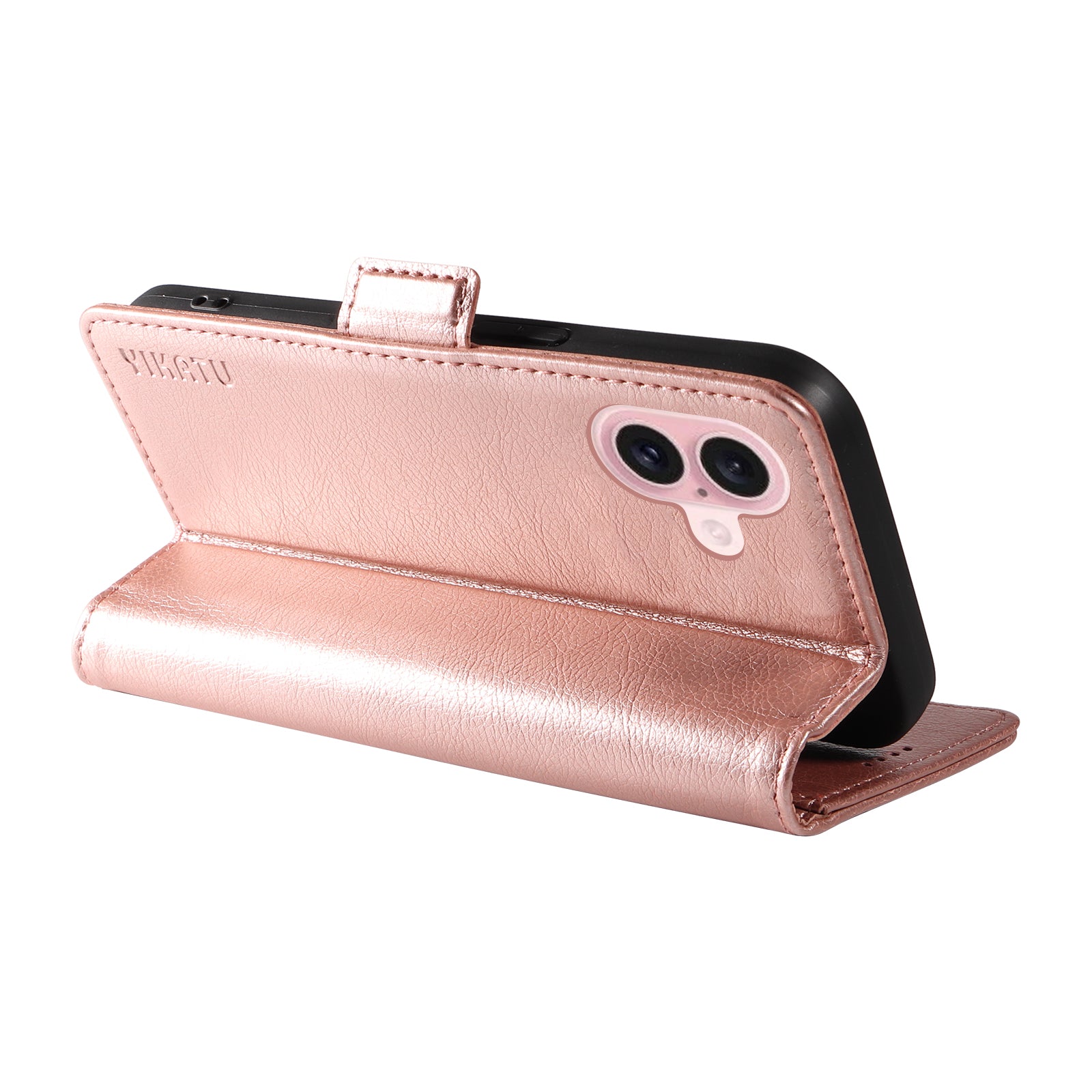 YIKATU YK-007 For iPhone 16 Case Litchi Texture Leather Phone Cover with Wallet Stand - Rose Gold