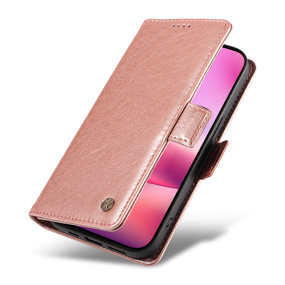 YIKATU YK-007 For iPhone 16 Case Litchi Texture Leather Phone Cover with Wallet Stand - Rose Gold