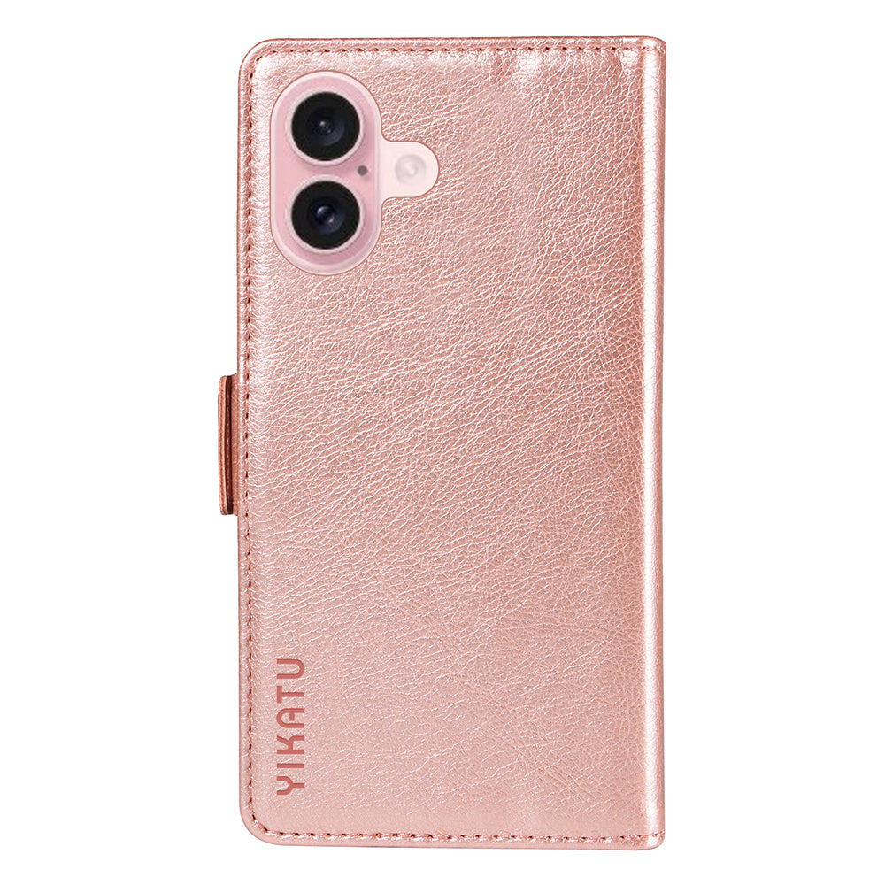 YIKATU YK-007 For iPhone 16 Case Litchi Texture Leather Phone Cover with Wallet Stand - Rose Gold