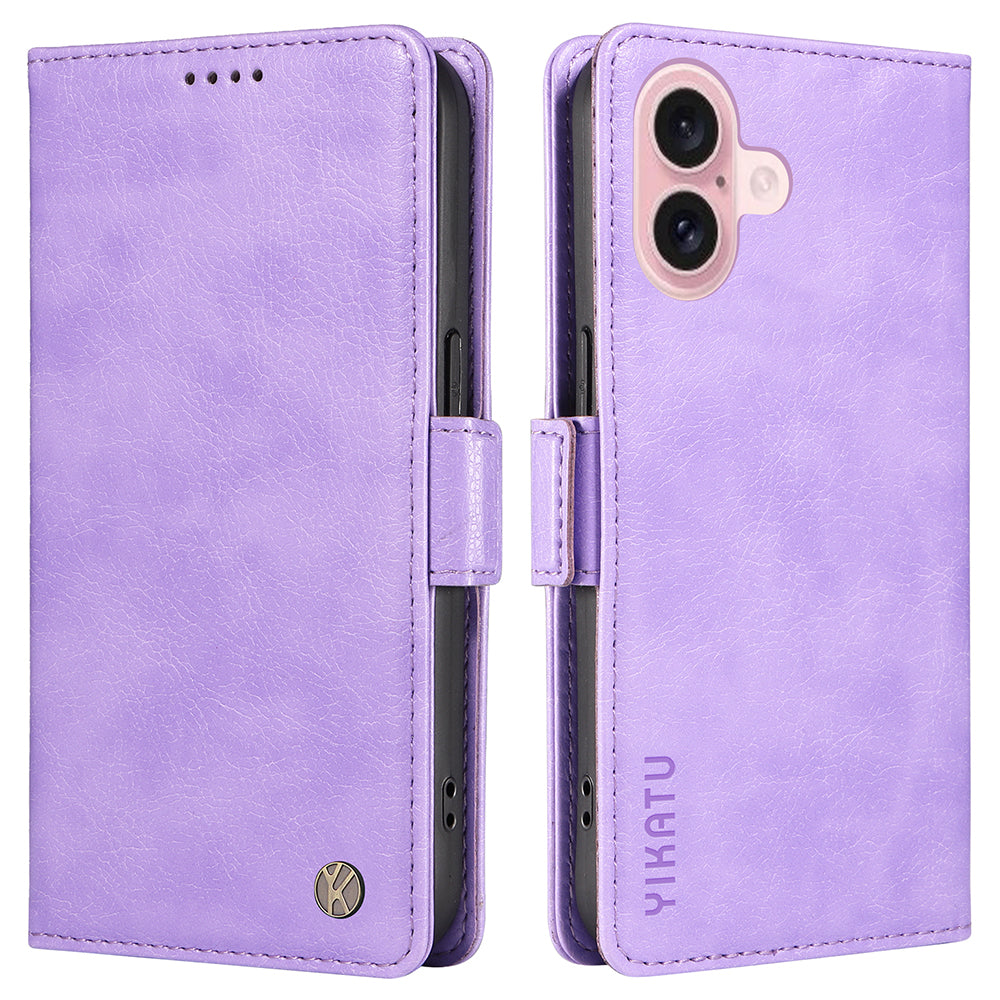 YIKATU YK-007 For iPhone 16 Case Litchi Texture Leather Phone Cover with Wallet Stand - Purple