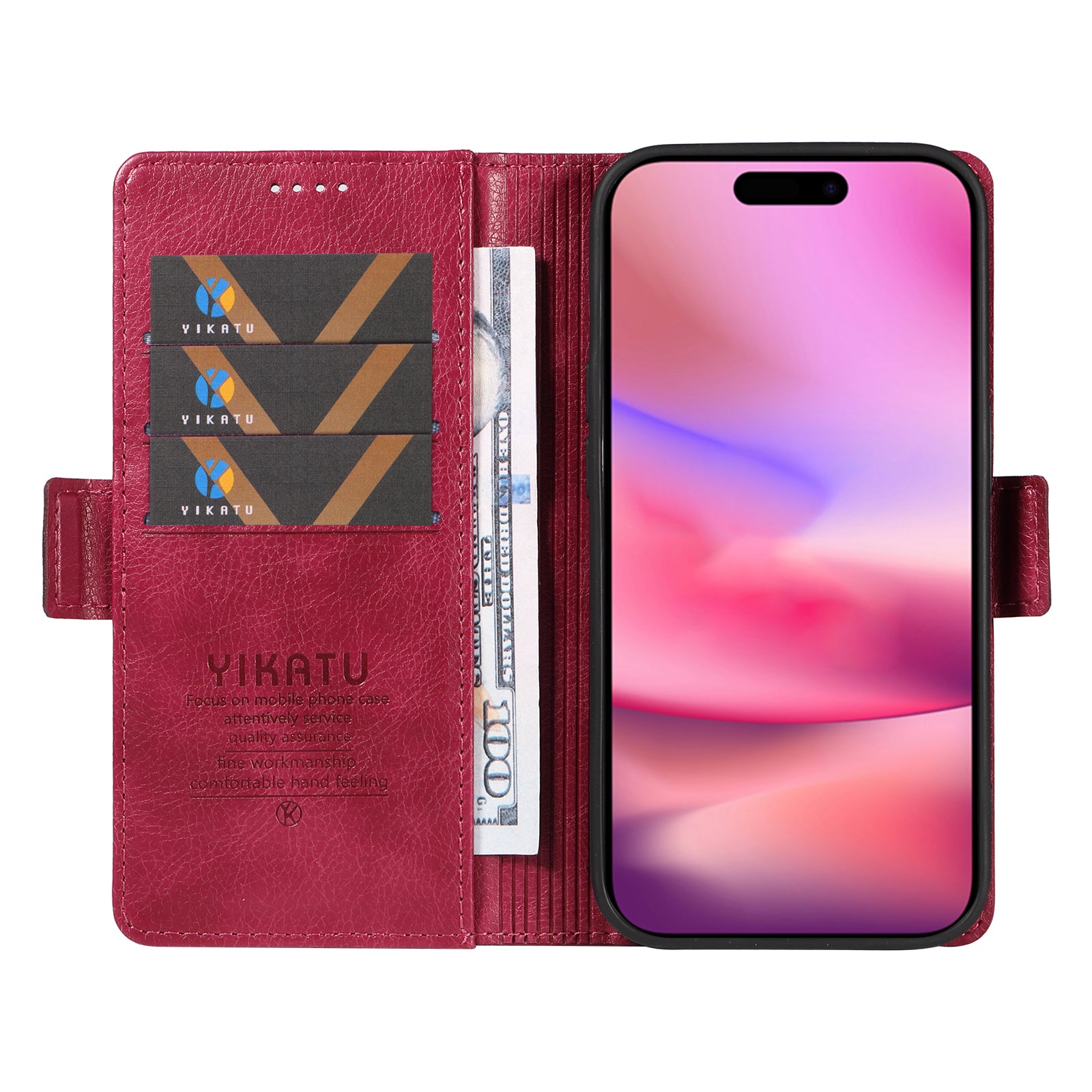 YIKATU YK-007 For iPhone 16 Case Litchi Texture Leather Phone Cover with Wallet Stand - Wine Red