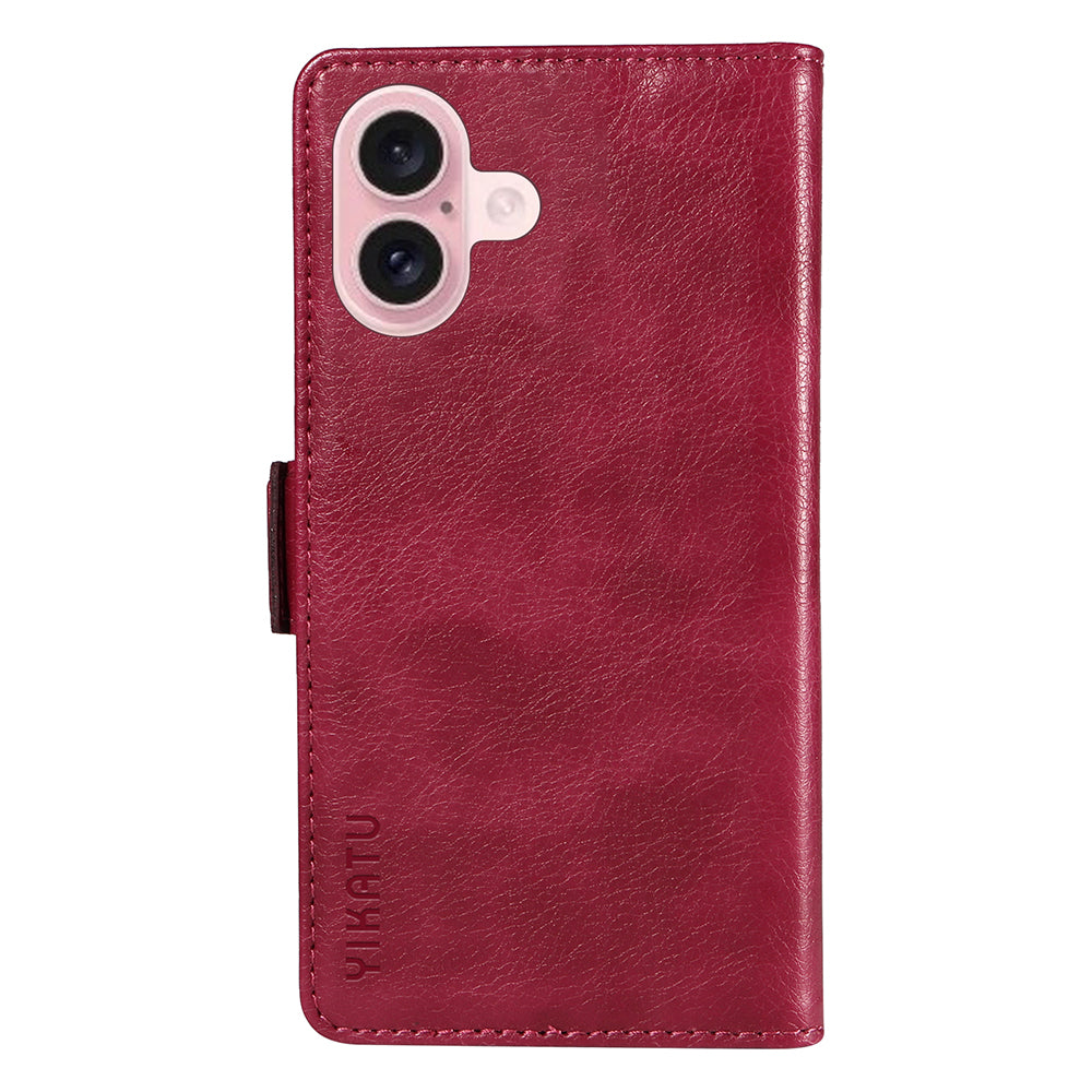 YIKATU YK-007 For iPhone 16 Case Litchi Texture Leather Phone Cover with Wallet Stand - Wine Red