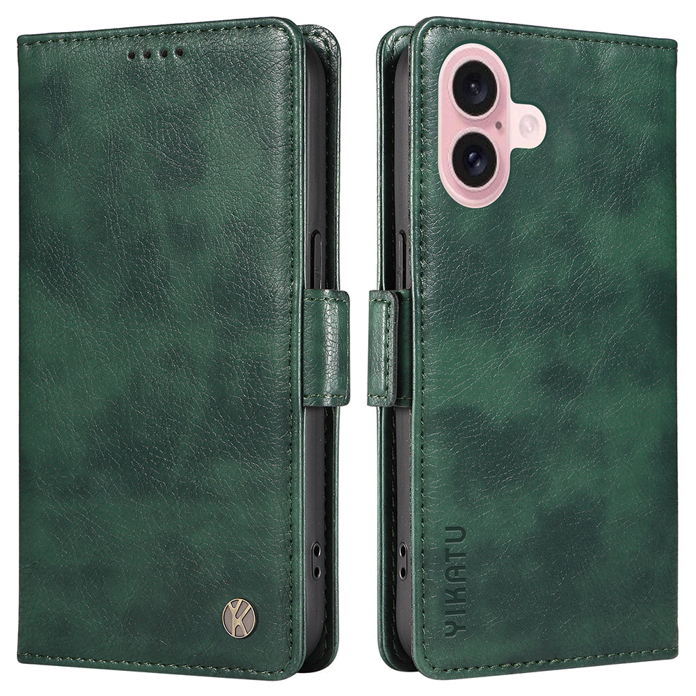 YIKATU YK-007 For iPhone 16 Case Litchi Texture Leather Phone Cover with Wallet Stand - Green