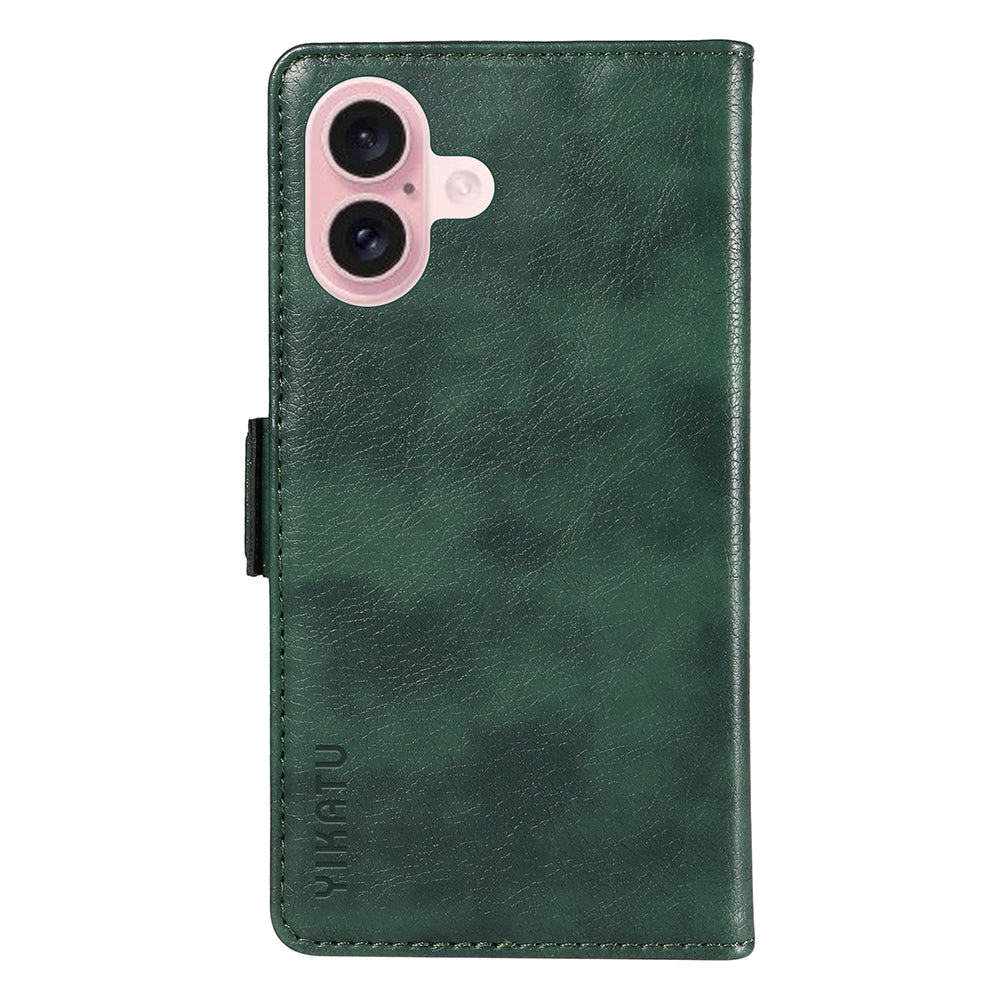 YIKATU YK-007 For iPhone 16 Case Litchi Texture Leather Phone Cover with Wallet Stand - Green