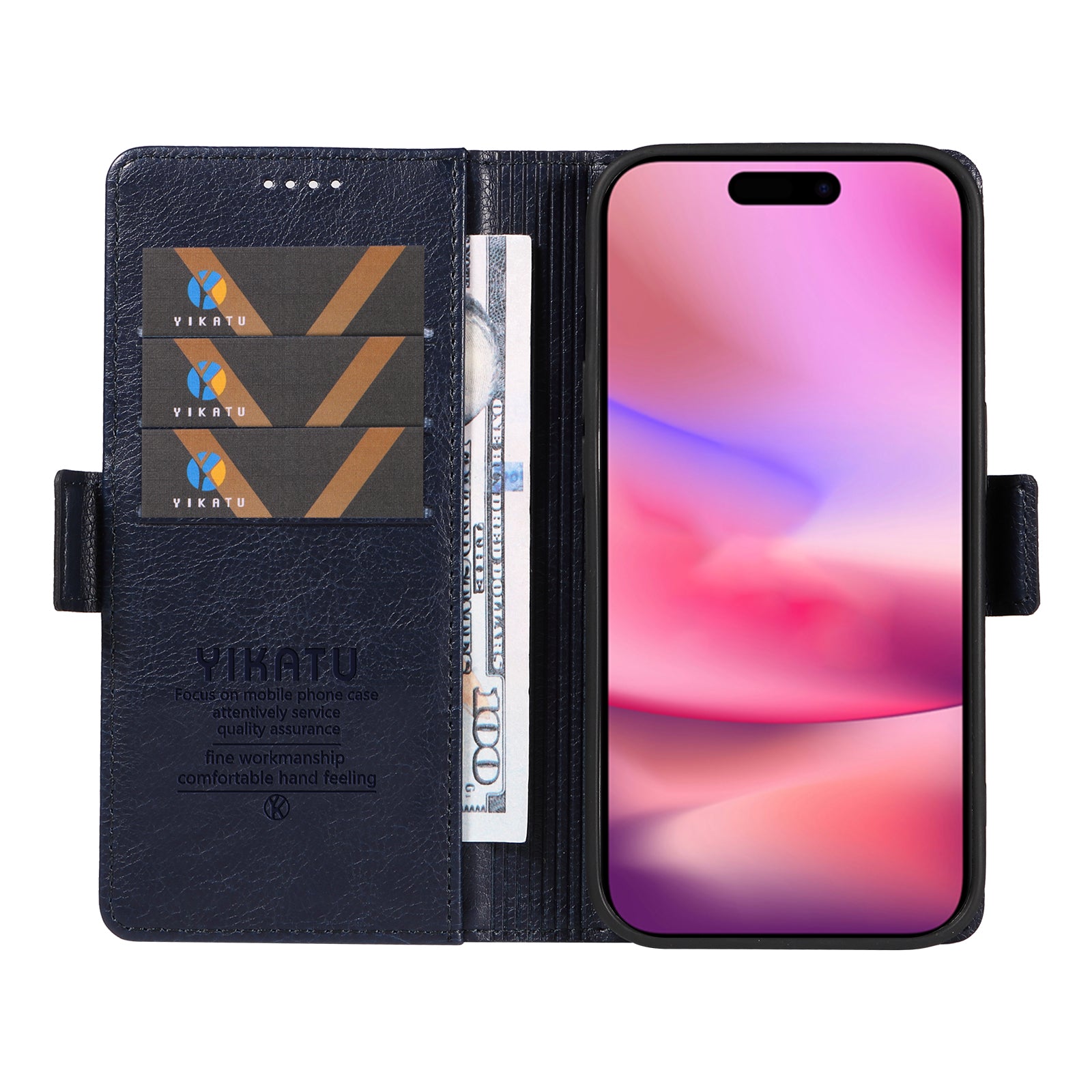 YIKATU YK-007 For iPhone 16 Case Litchi Texture Leather Phone Cover with Wallet Stand - Navy Blue