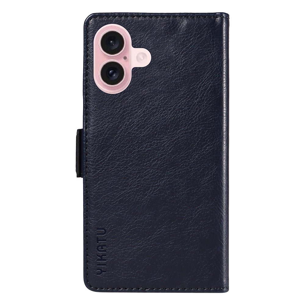 YIKATU YK-007 For iPhone 16 Case Litchi Texture Leather Phone Cover with Wallet Stand - Navy Blue