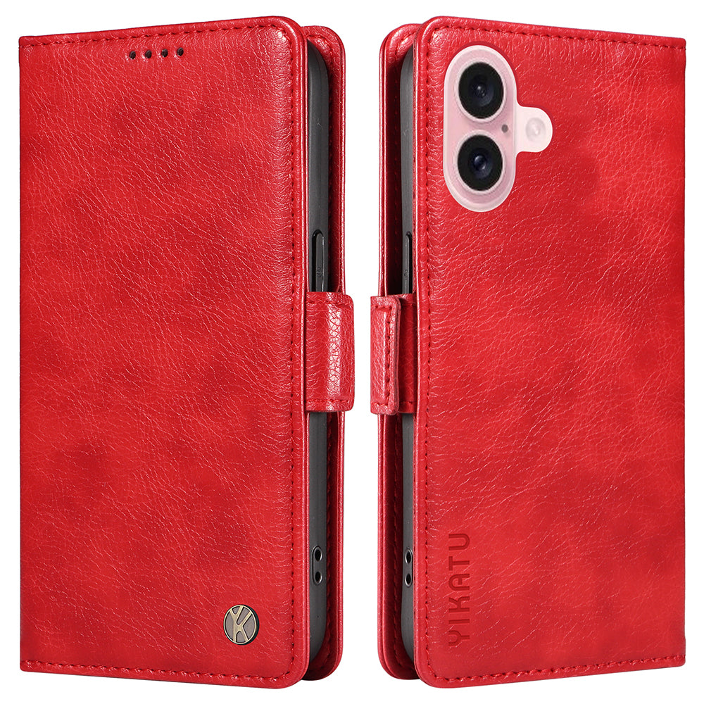 YIKATU YK-007 For iPhone 16 Case Litchi Texture Leather Phone Cover with Wallet Stand - Red