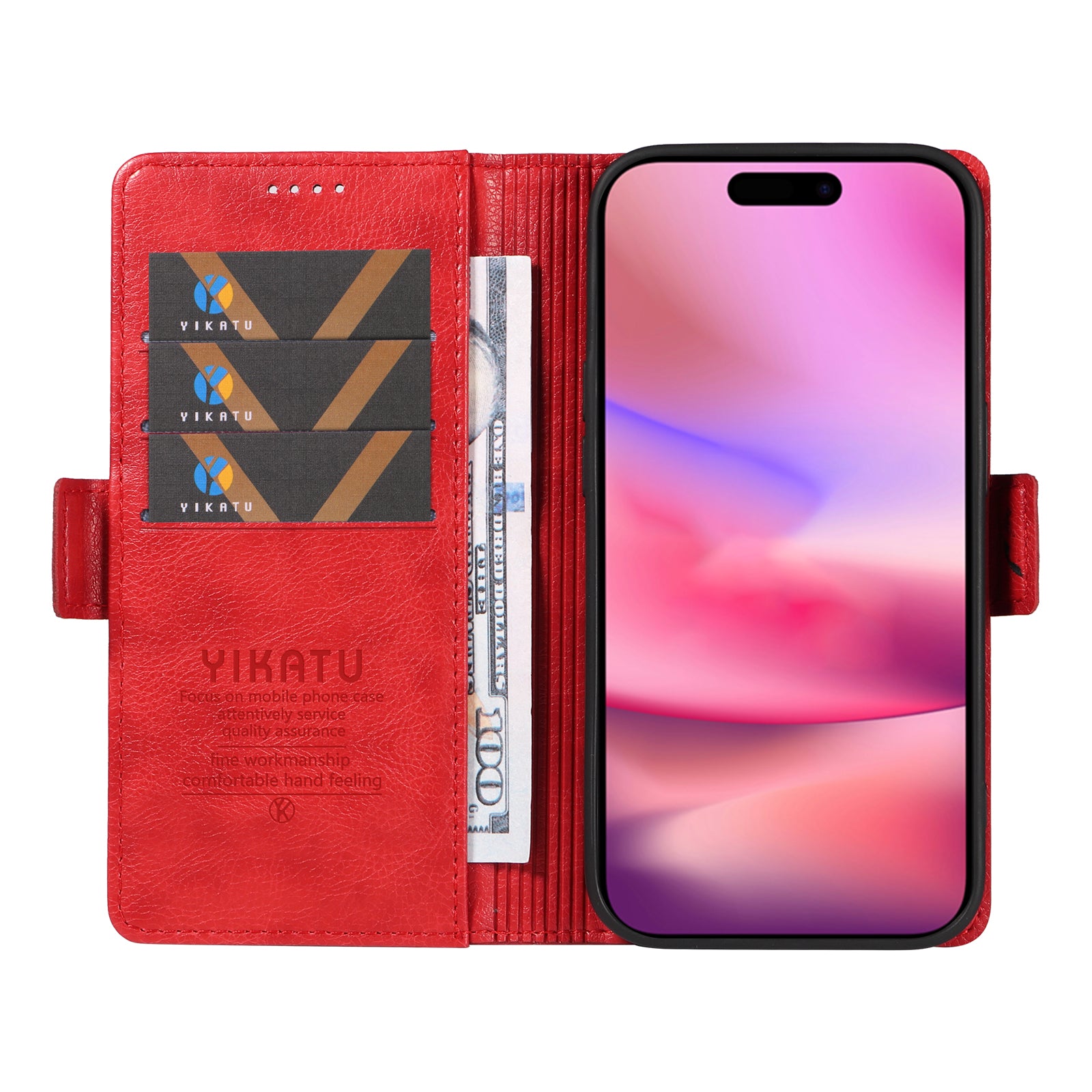 YIKATU YK-007 For iPhone 16 Case Litchi Texture Leather Phone Cover with Wallet Stand - Red