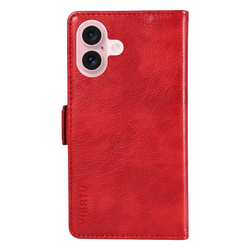 YIKATU YK-007 For iPhone 16 Case Litchi Texture Leather Phone Cover with Wallet Stand - Red