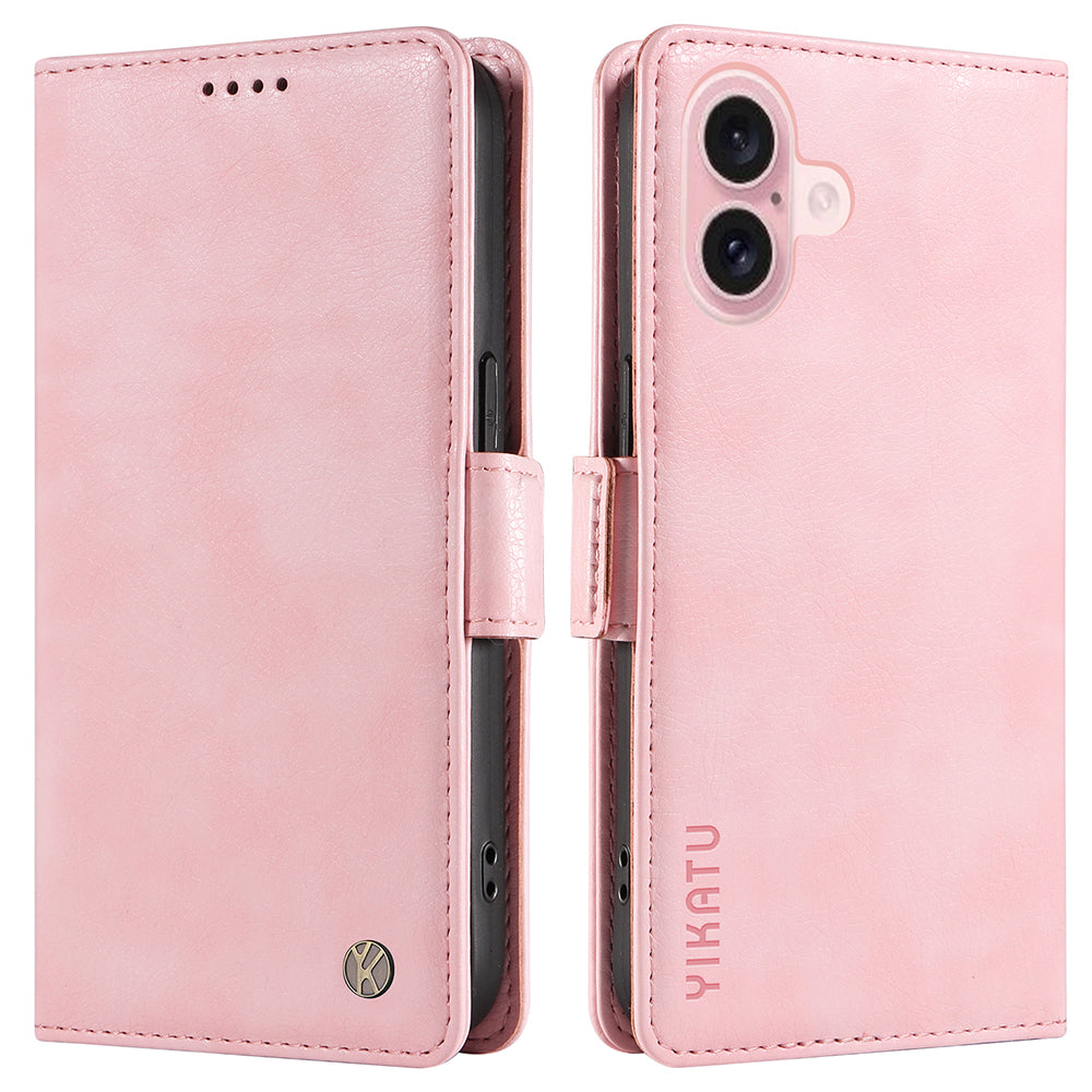 YIKATU YK-007 For iPhone 16 Case Litchi Texture Leather Phone Cover with Wallet Stand - Pink