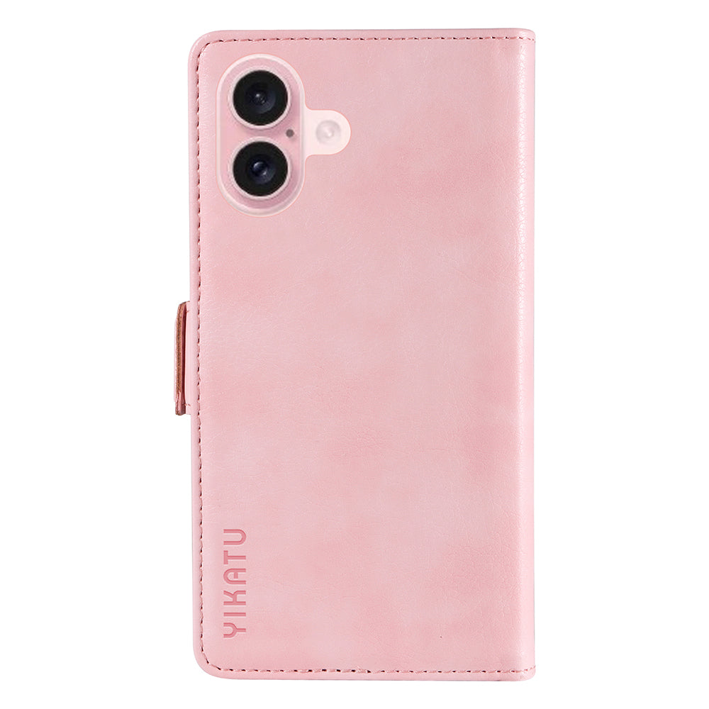 YIKATU YK-007 For iPhone 16 Case Litchi Texture Leather Phone Cover with Wallet Stand - Pink