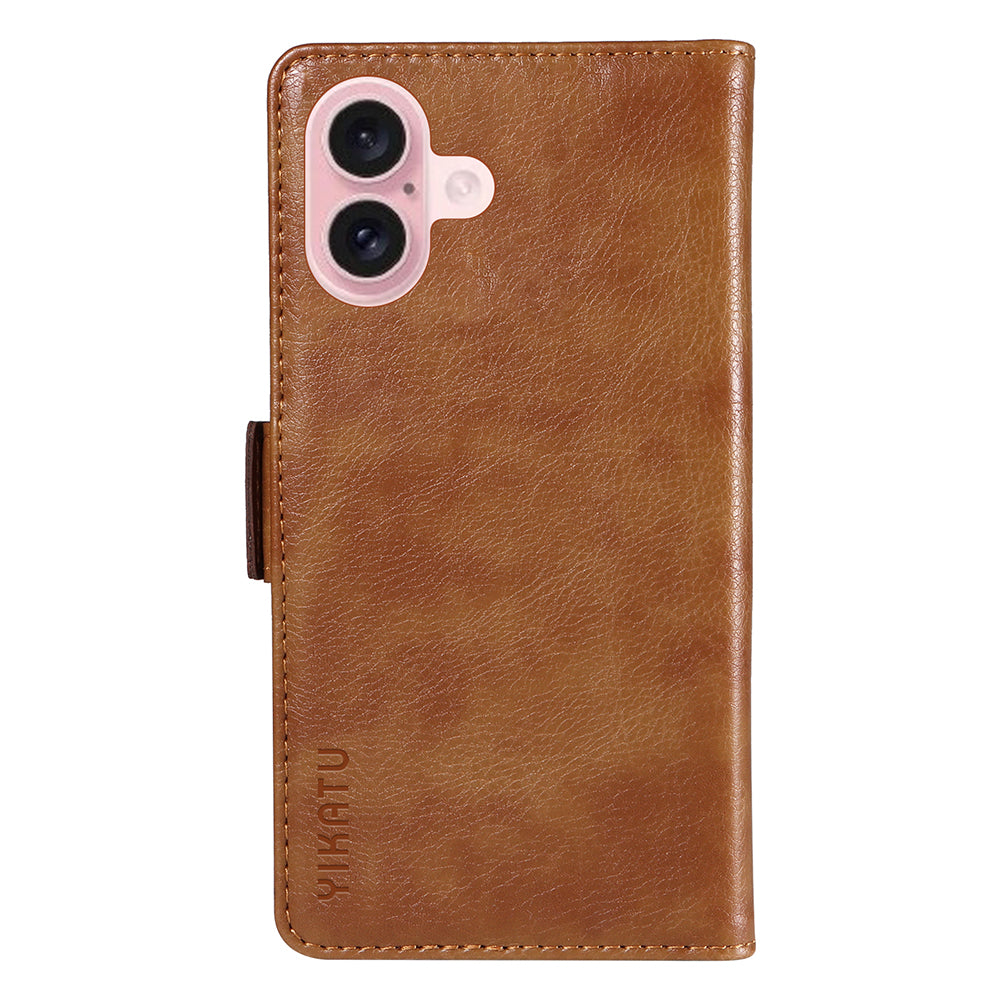 YIKATU YK-007 For iPhone 16 Case Litchi Texture Leather Phone Cover with Wallet Stand - Brown